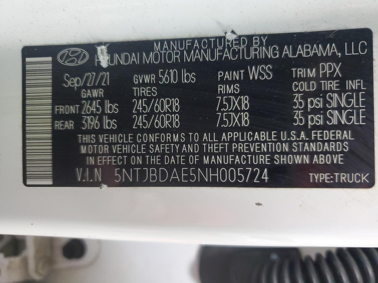 2022 HYUNDAI SANTA CRUZ SEL VIN:5NTJBDAE5NH005724