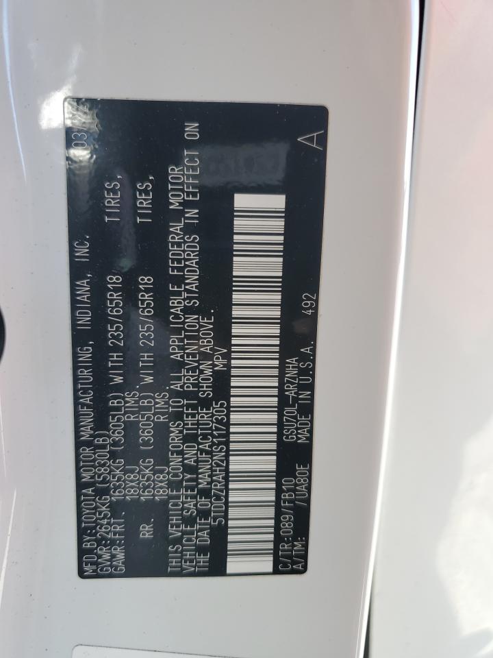 2022 TOYOTA HIGHLANDER L VIN:5TDCZRAH2NS117305