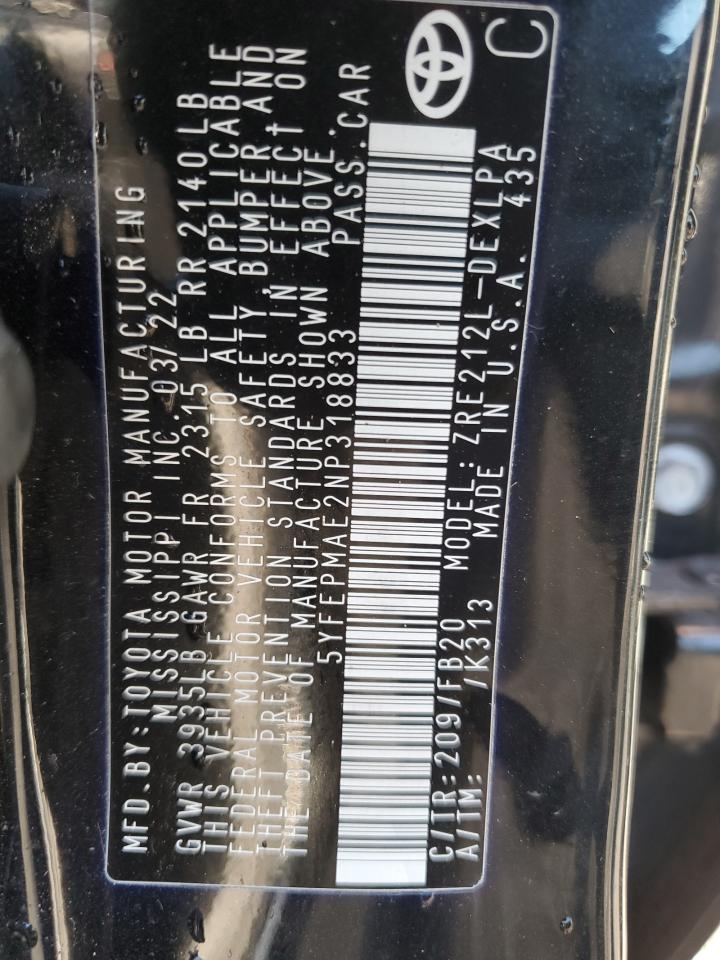 2022 TOYOTA COROLLA LE VIN:5YFEPMAE2NP318833