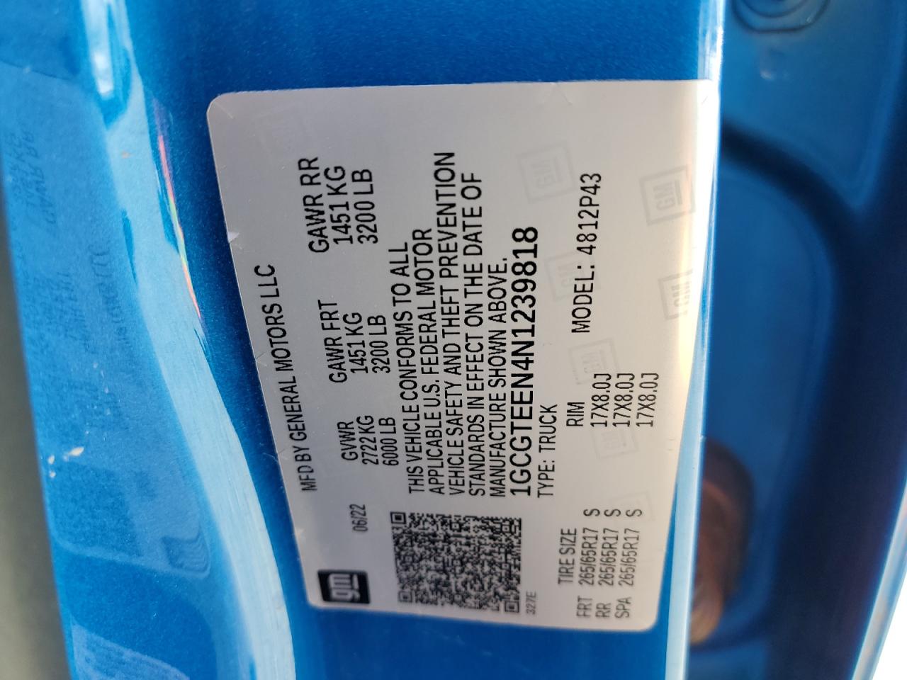 2022 CHEVROLET COLORADO ZR2 VIN:1GCGTEEN4N1239818
