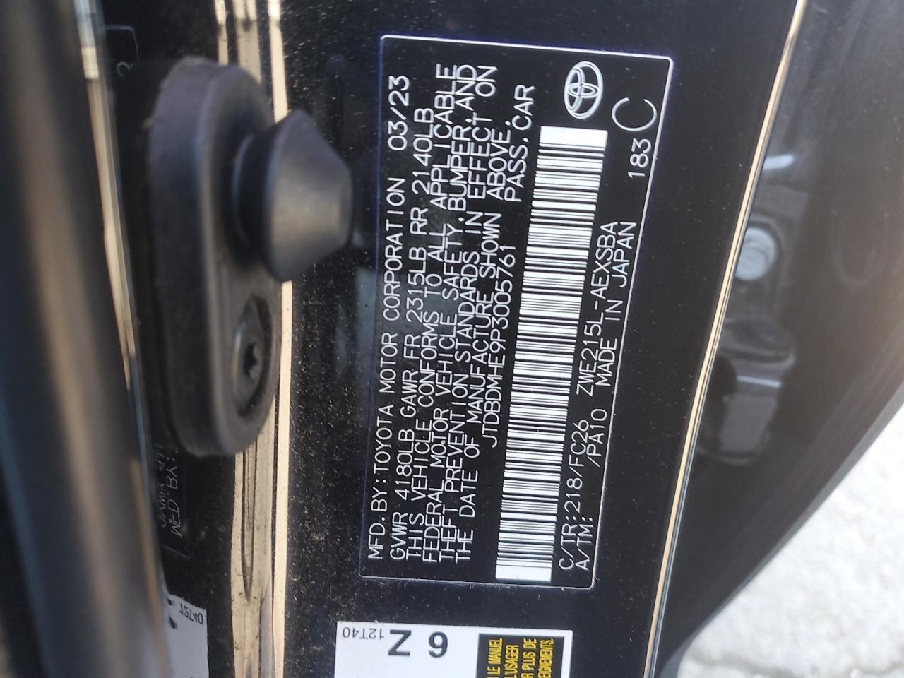 2023 TOYOTA COROLLA LE VIN:JTDBDMHE9P3005761