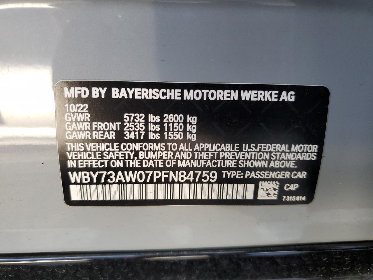 2023 BMW I4 EDRIVE40 VIN:WBY73AW07PFN84759