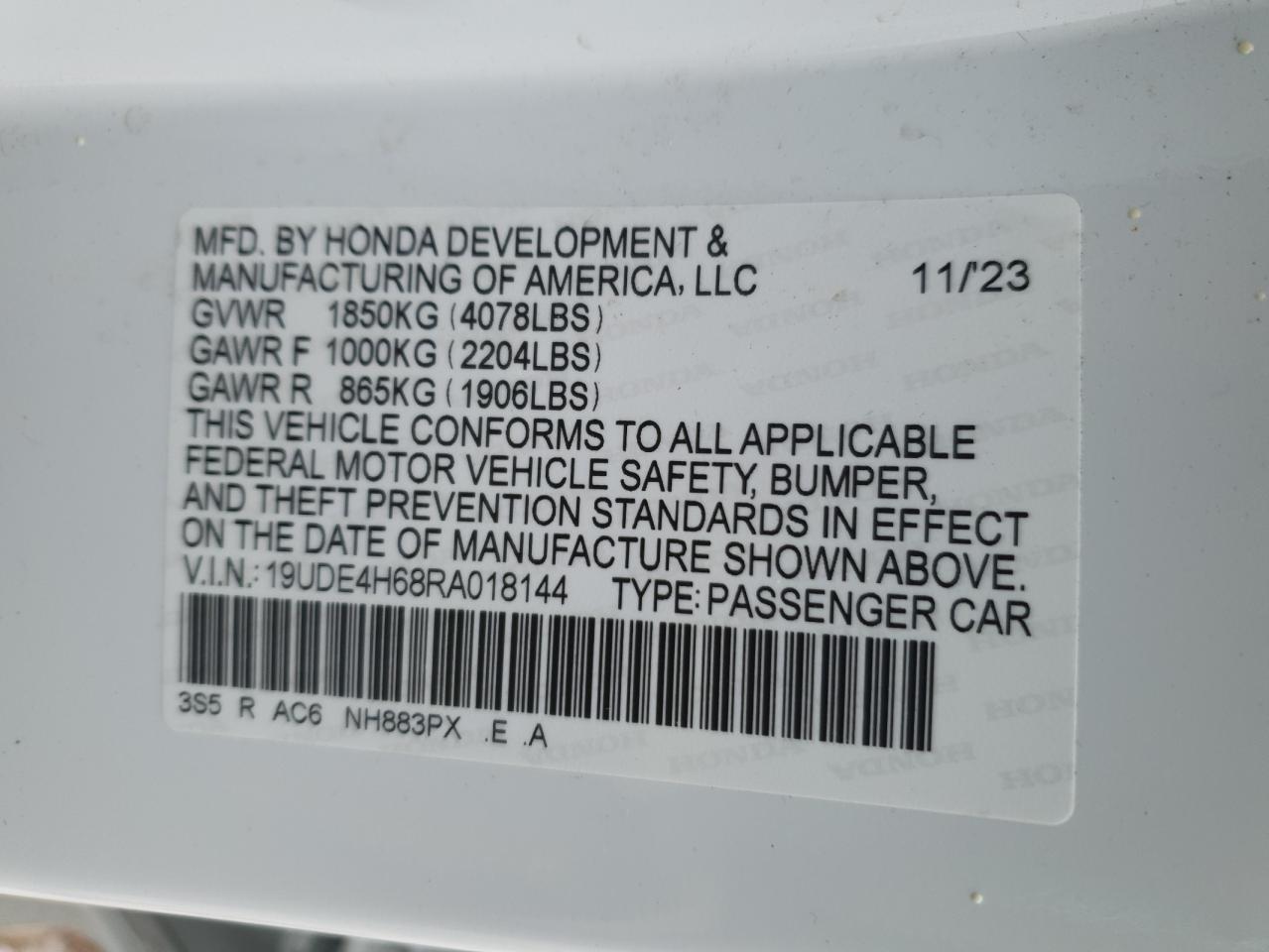 2024 ACURA INTEGRA A-SPEC TECH VIN:19UDE4H68RA018144