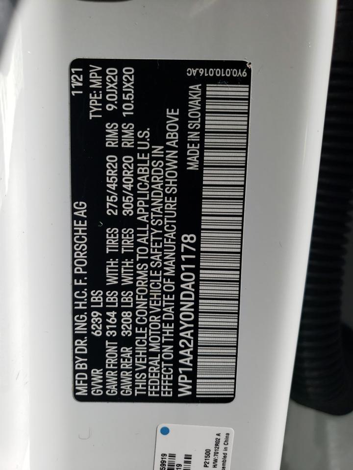 2022 PORSCHE CAYENNE VIN:WP1AA2AY0NDA01178