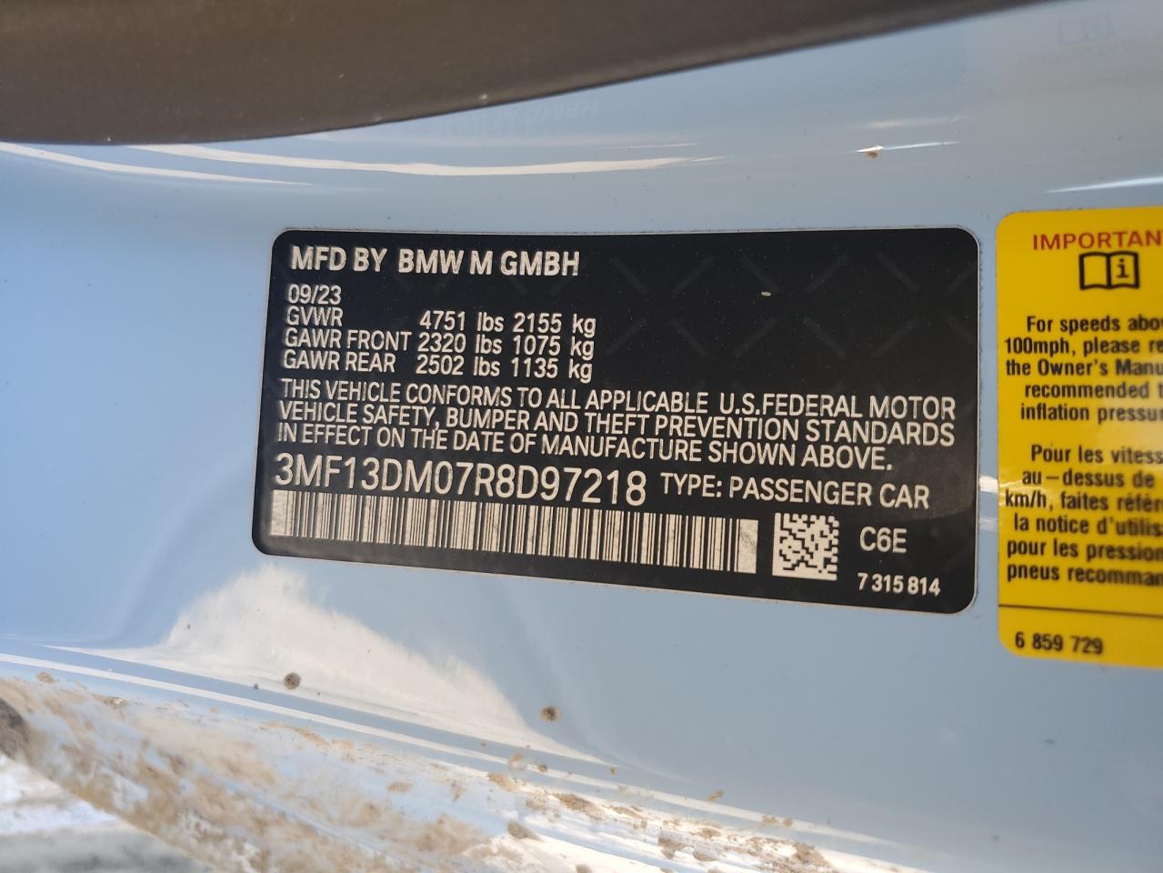 2024 BMW M2 VIN:3MF13DM07R8D97218