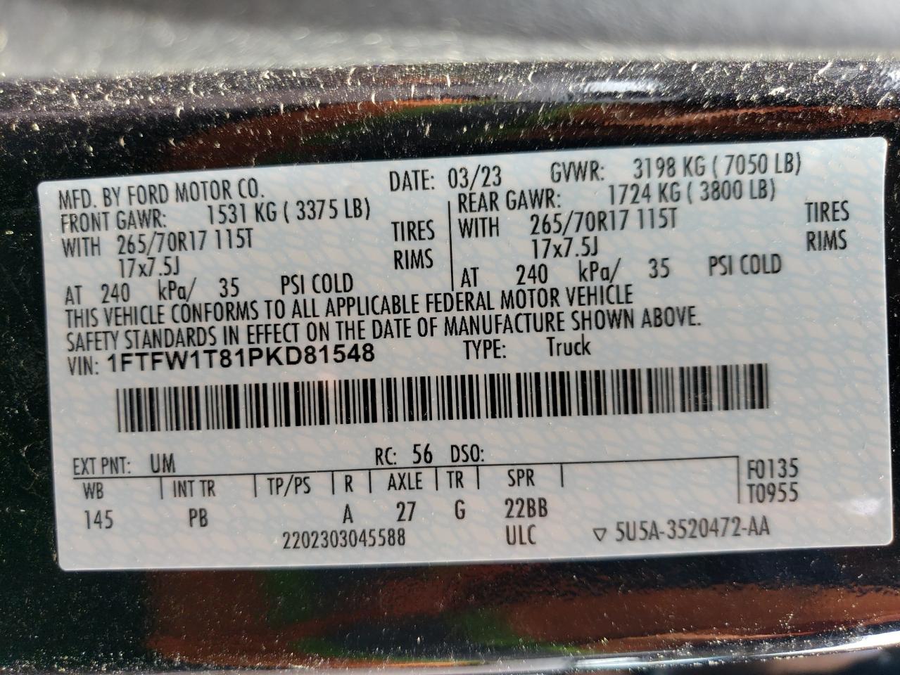 2023 FORD F150 SSV VIN:1FTFW1T81PKD81548