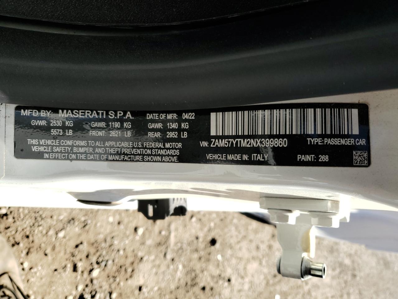 2022 MASERATI GHIBLI MODENA VIN:ZAM57YTM2NX399860