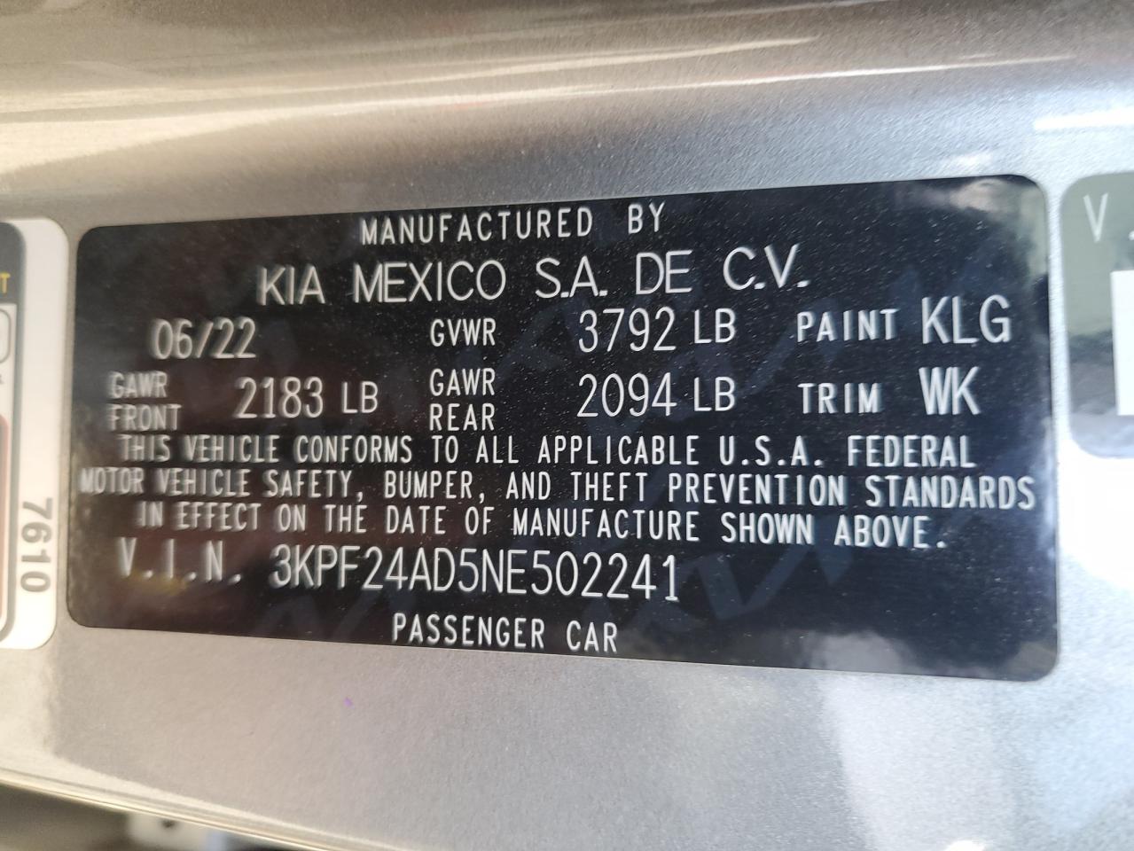 2022 KIA FORTE FE VIN:3KPF24AD5NE502241