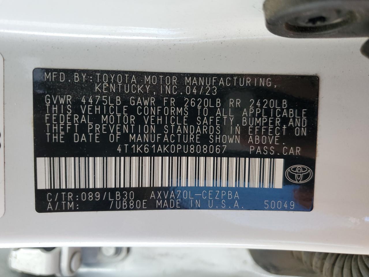 2023 TOYOTA CAMRY XSE VIN:4T1K61AK0PU808067