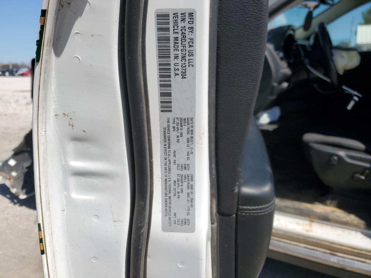 2022 DODGE DURANGO PURSUIT VIN:1C4RDJFG7NC137304