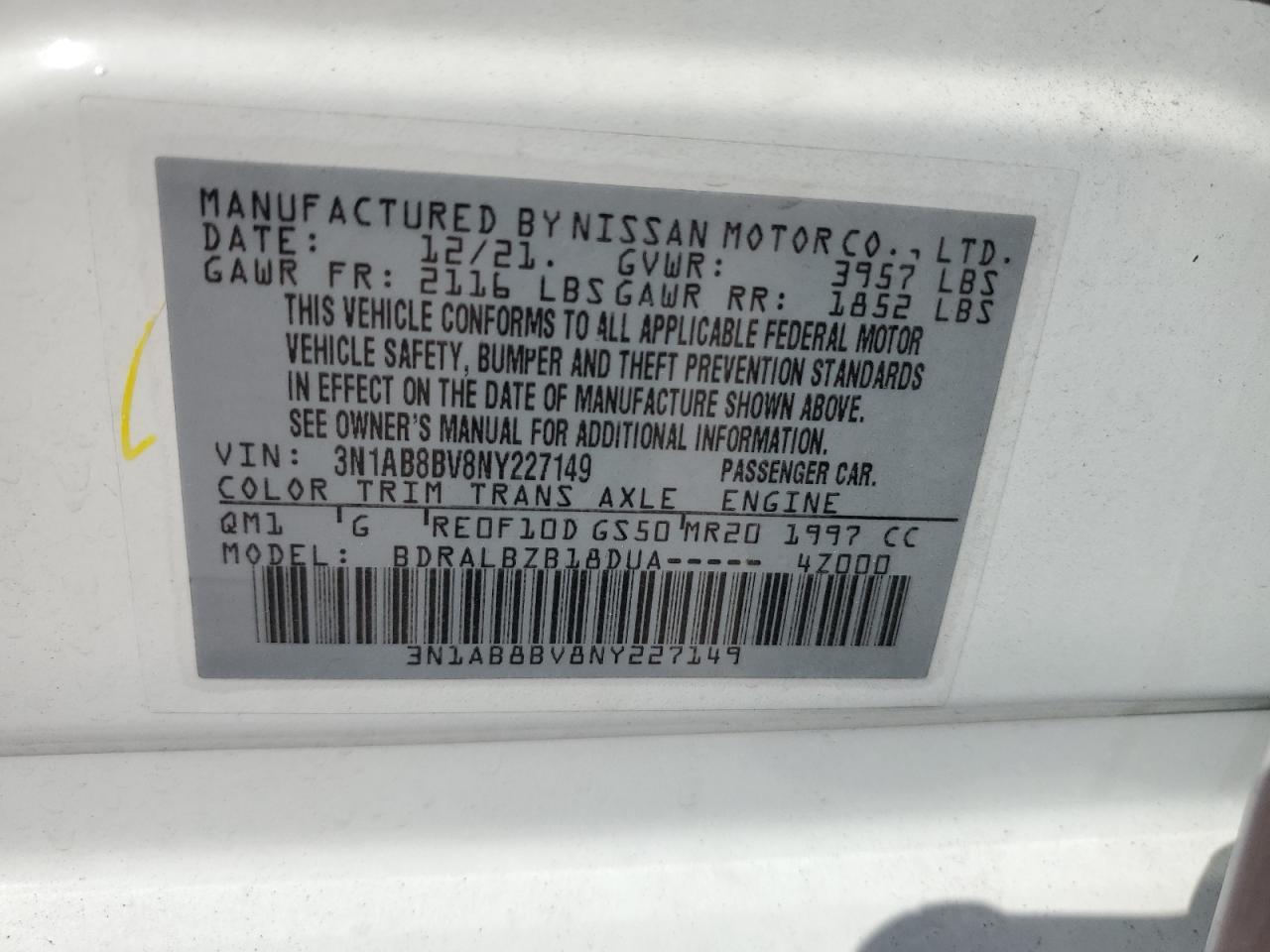 2022 NISSAN SENTRA S VIN:3N1AB8BV8NY227149