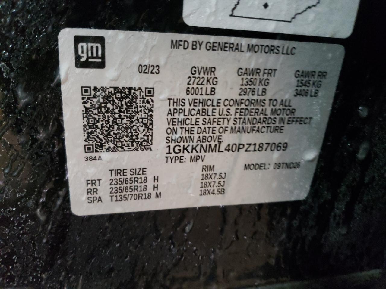2023 GMC ACADIA SLT VIN:1GKKNML40PZ187069