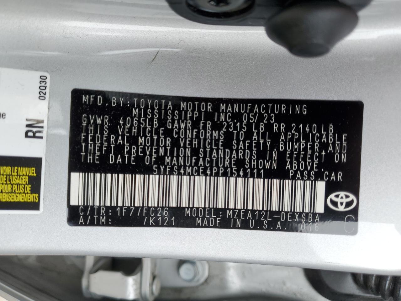 2023 TOYOTA COROLLA SE VIN:5YFS4MCE4PP154111