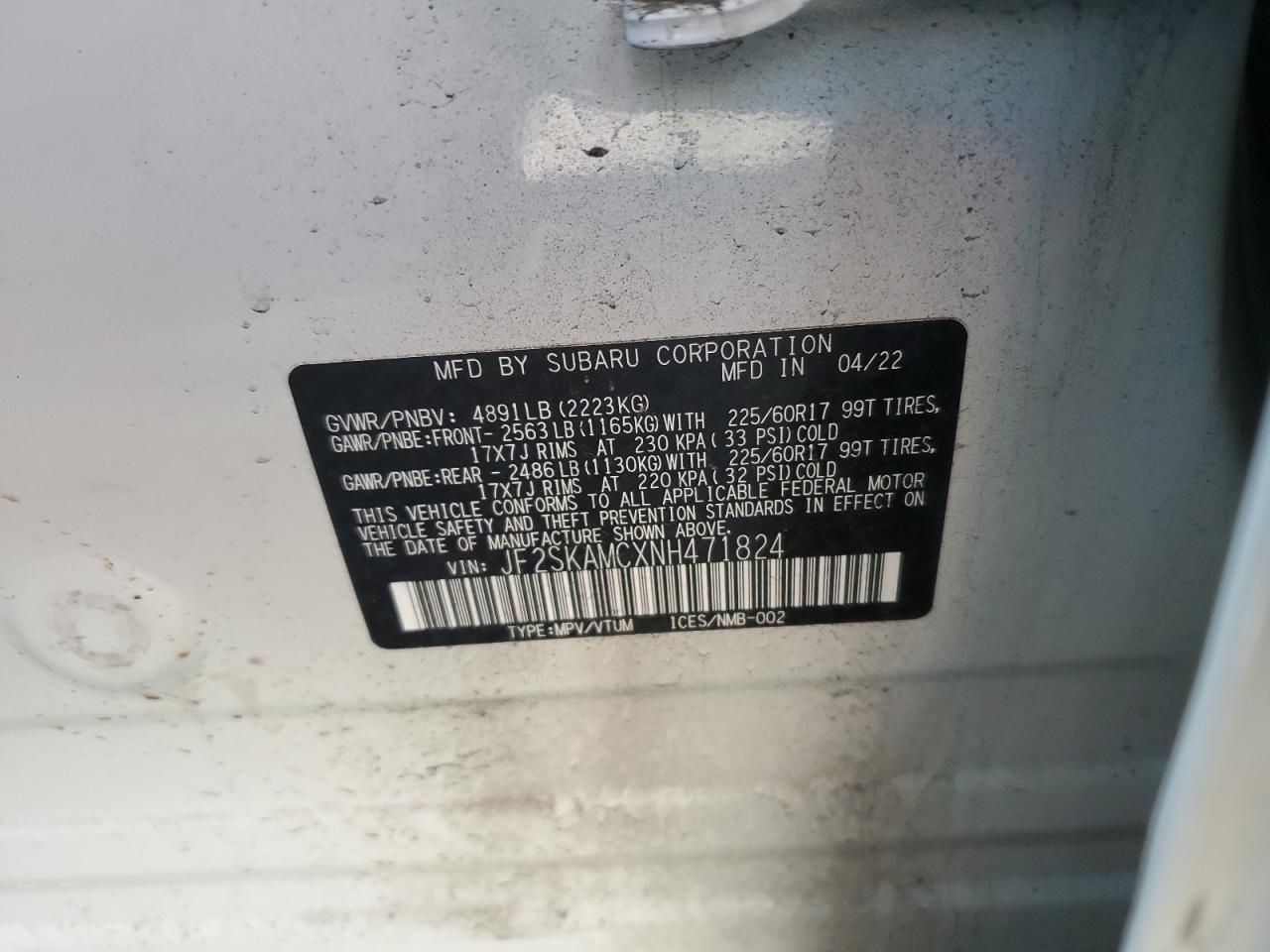 2022 SUBARU FORESTER WILDERNESS VIN:JF2SKAMCXNH471824