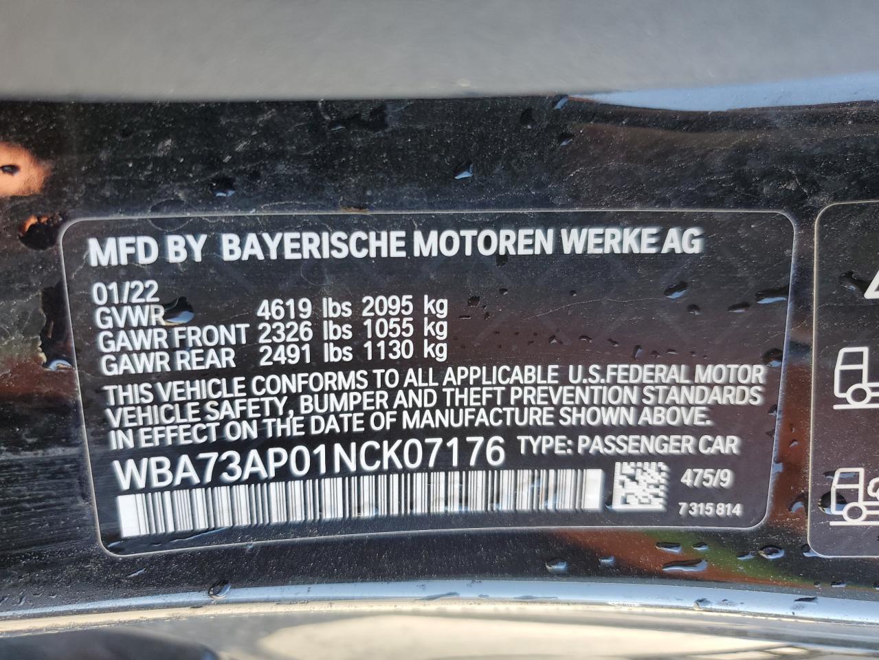 2022 BMW 430XI VIN:WBA73AP01NCK07176