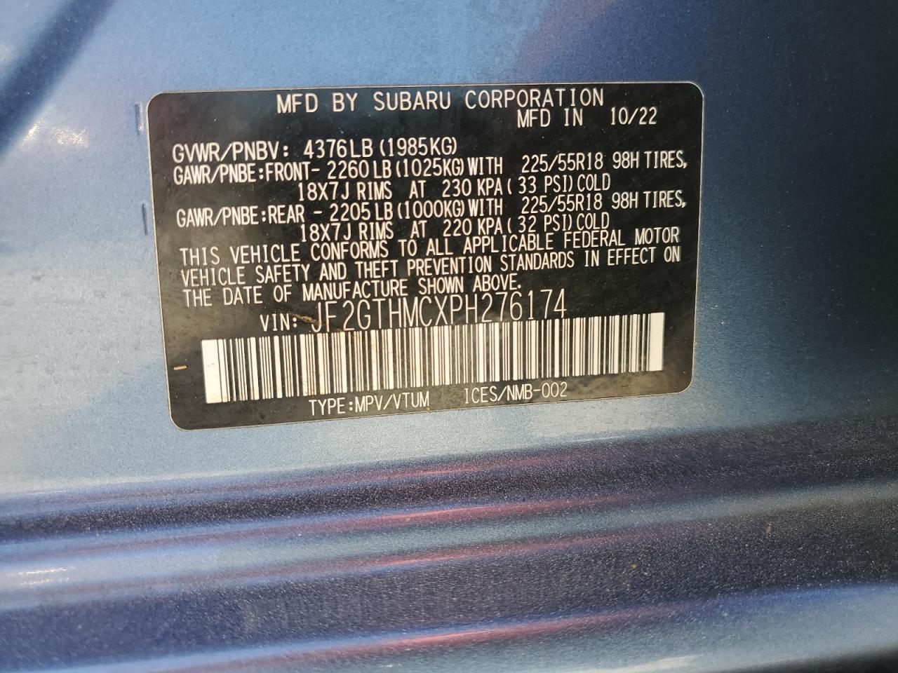 2023 SUBARU CROSSTREK LIMITED VIN:JF2GTHMCXPH276174