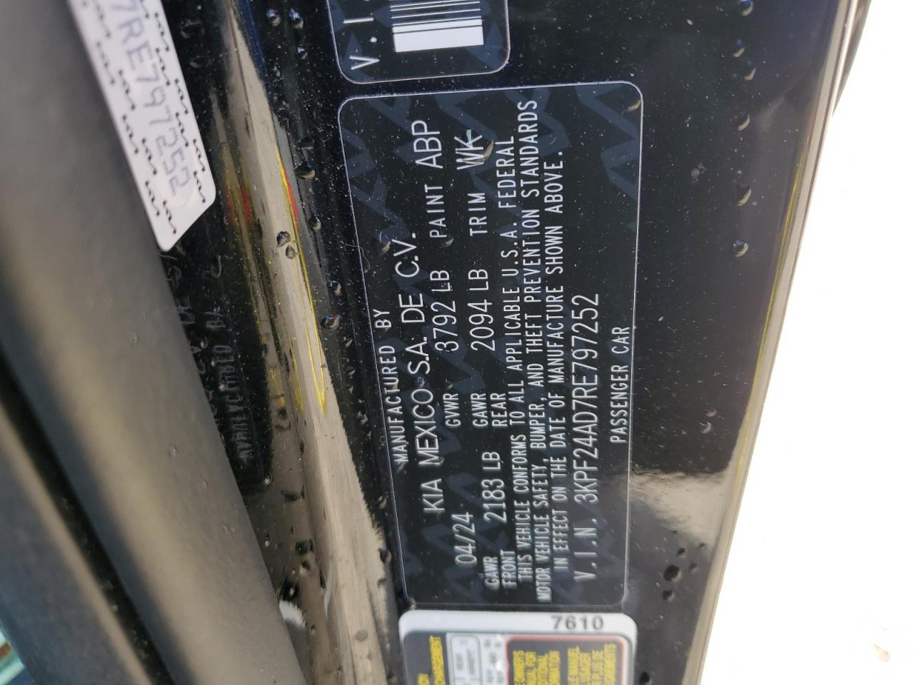 2024 KIA FORTE LX VIN:3KPF24AD7RE797252