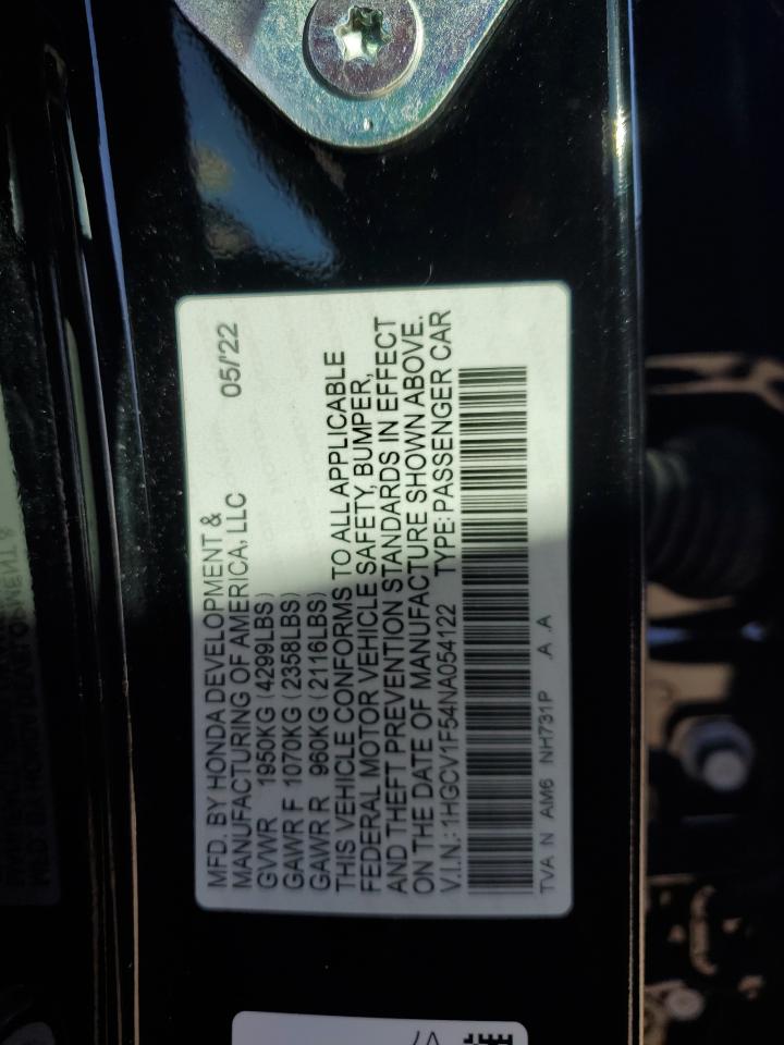 2022 HONDA ACCORD EXL VIN:1HGCV1F54NA054122