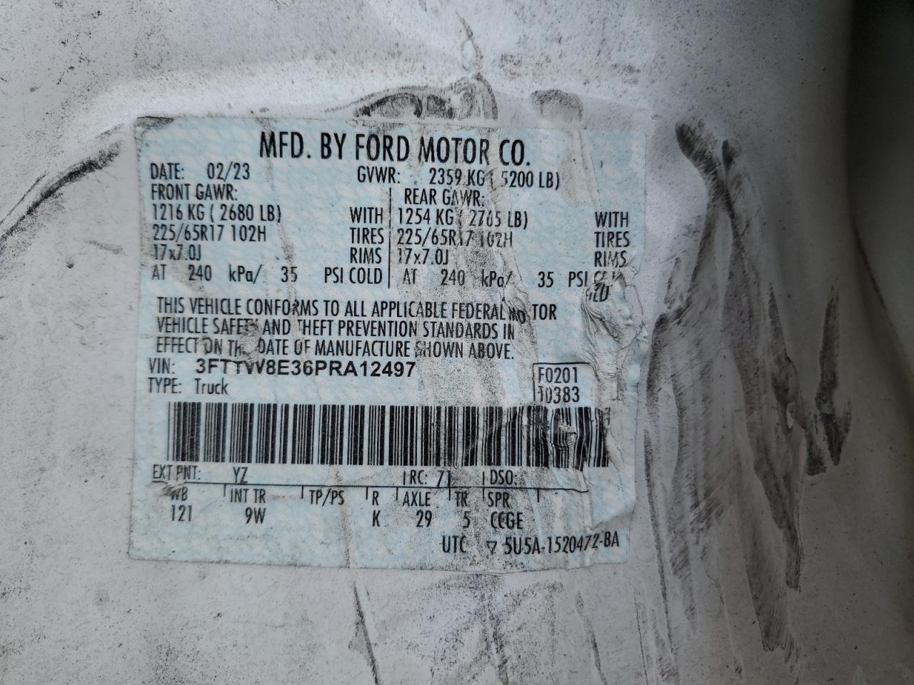 2023 FORD MAVERICK XL VIN:3FTTW8E36PRA12497