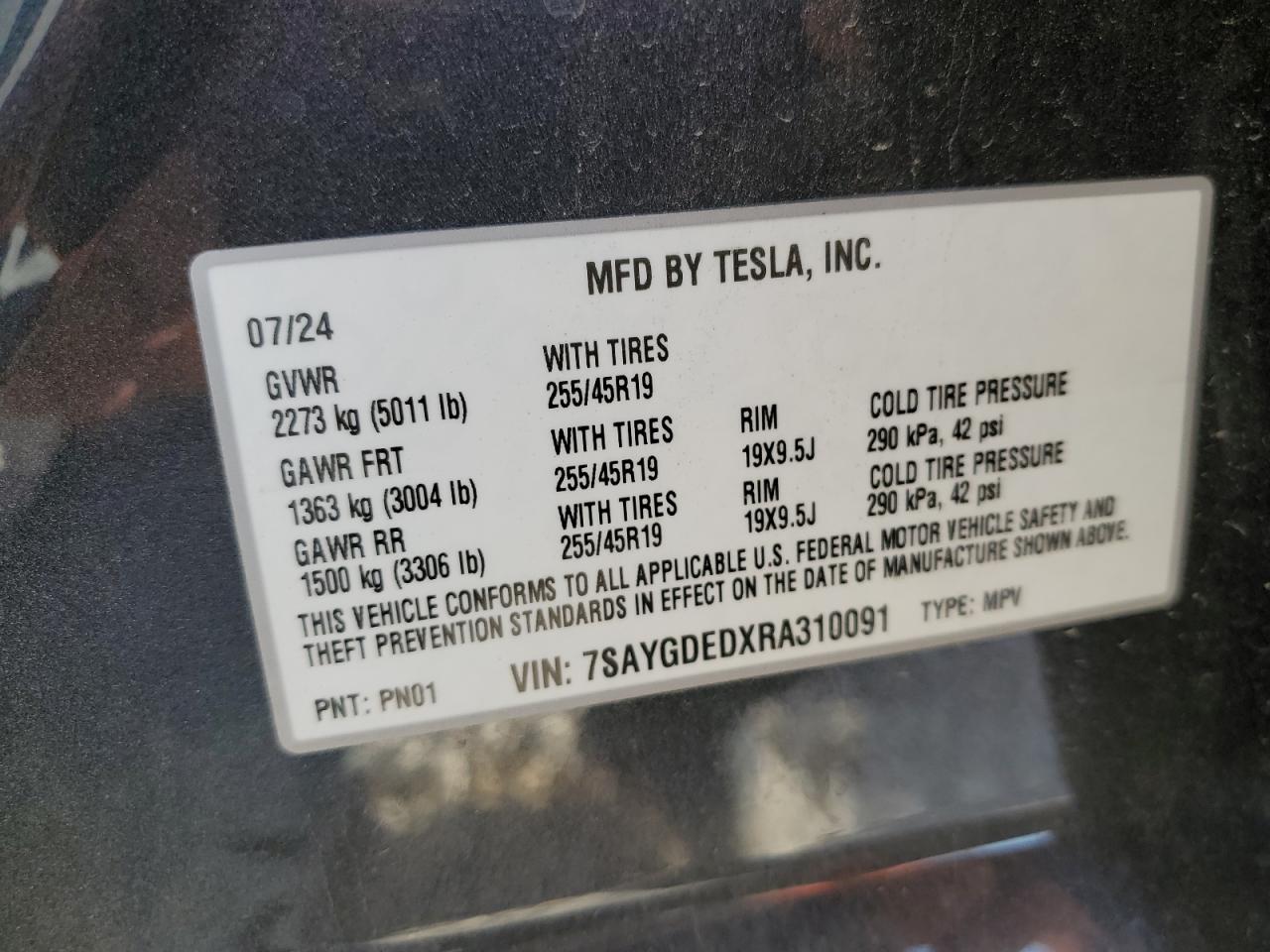 2024 TESLA MODEL Y VIN:7SAYGDEDXRA310091