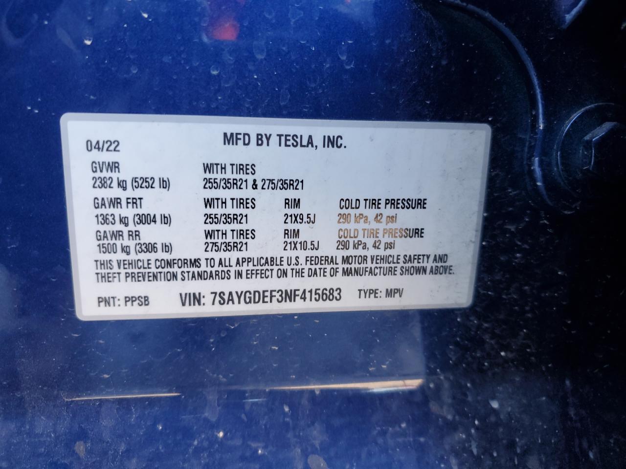 2022 TESLA MODEL Y VIN:7SAYGDEF3NF415683