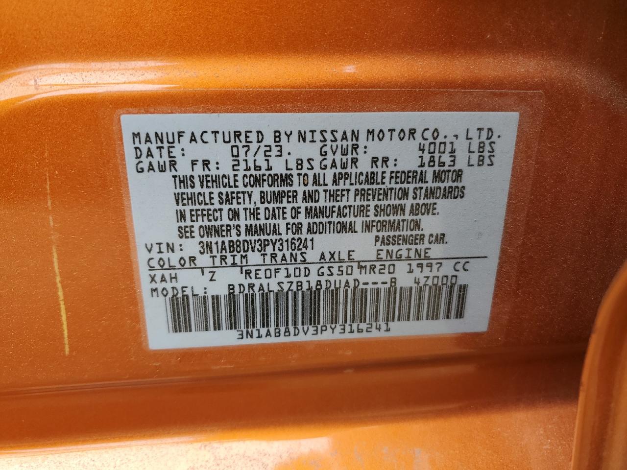 2023 NISSAN SENTRA SR VIN:3N1AB8DV3PY316241