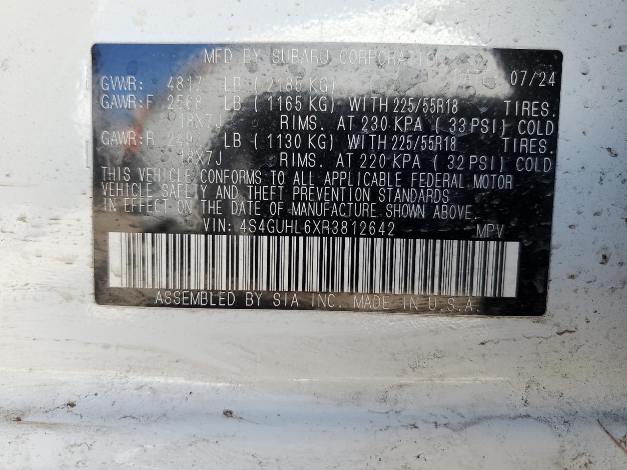 2024 SUBARU CROSSTREK LIMITED VIN:4S4GUHL6XR3812642