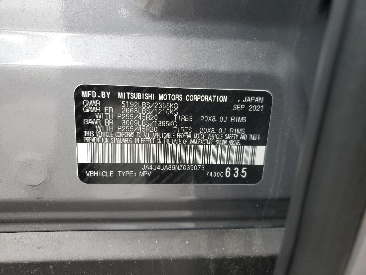 2022 MITSUBISHI OUTLANDER SE VIN:JA4J4UA89NZ039073