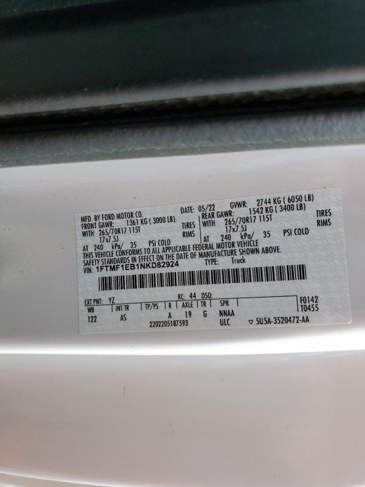 2022 FORD F150 VIN:1FTMF1EB1NKD82924