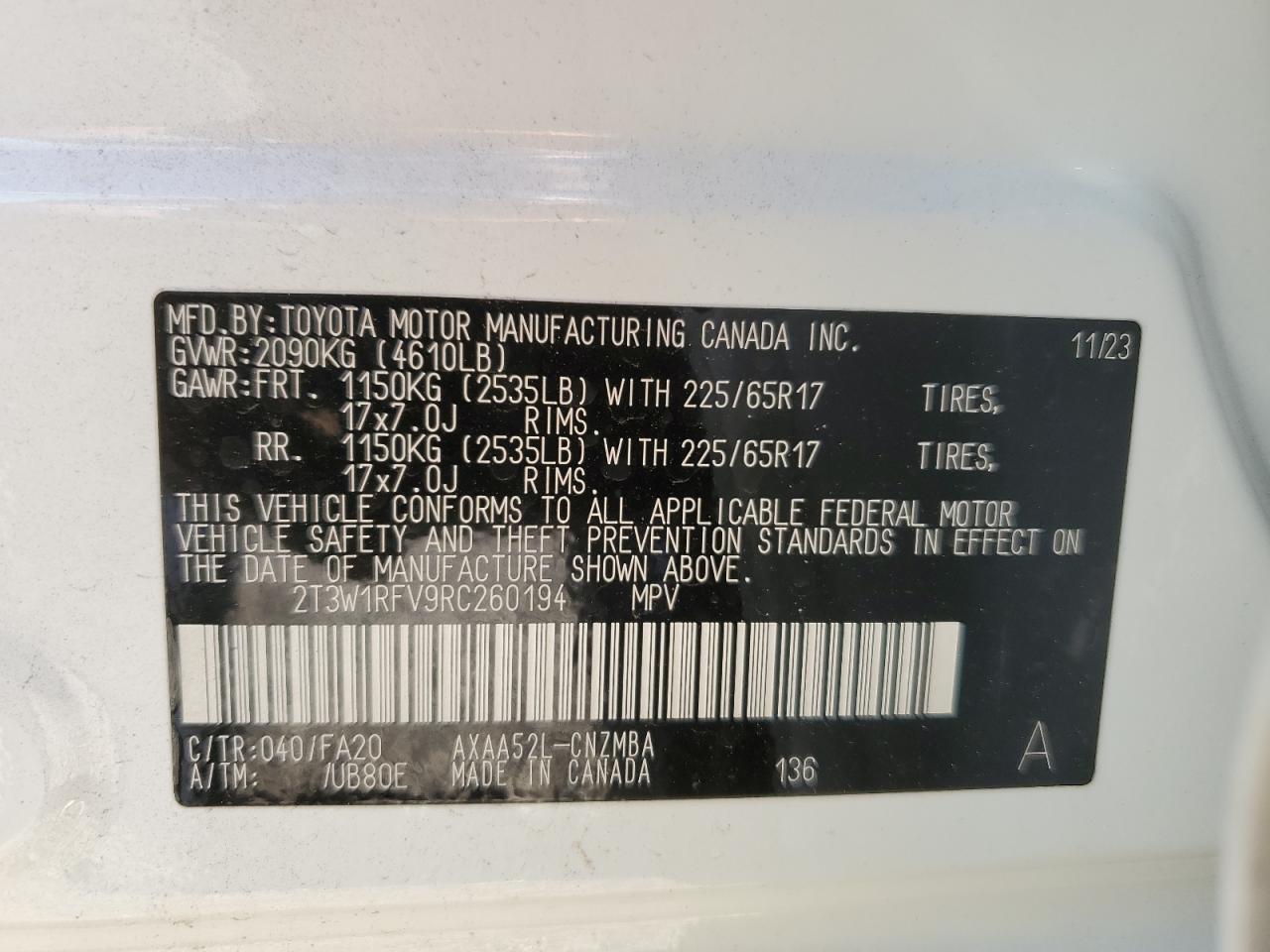 2024 TOYOTA RAV4 XLE VIN:2T3W1RFV9RC260194