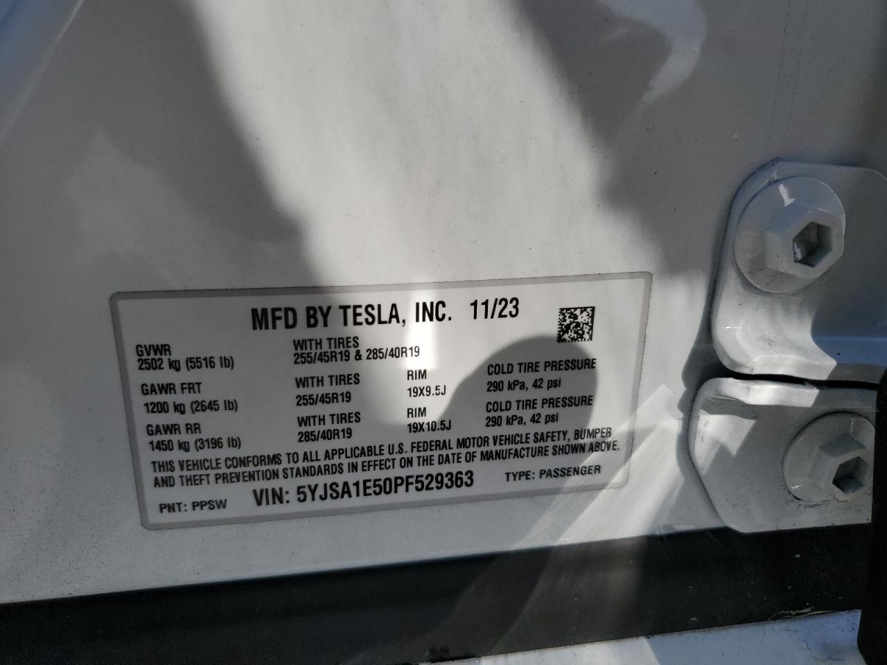 2023 TESLA MODEL S VIN:5YJSA1E50PF529363