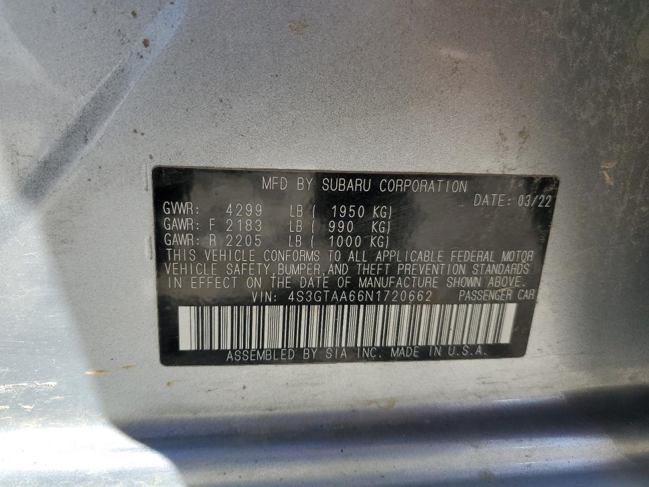 2022 SUBARU IMPREZA VIN:4S3GTAA66N1720662