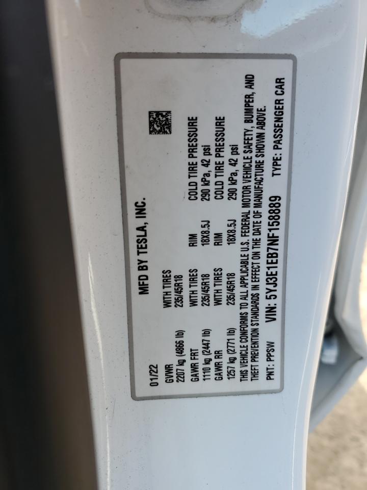 2022 TESLA MODEL 3 VIN:5YJ3E1EB7NF158889