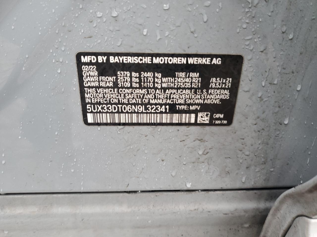 2022 BMW X4 XDRIVE30I VIN:5UX33DT06N9L32341