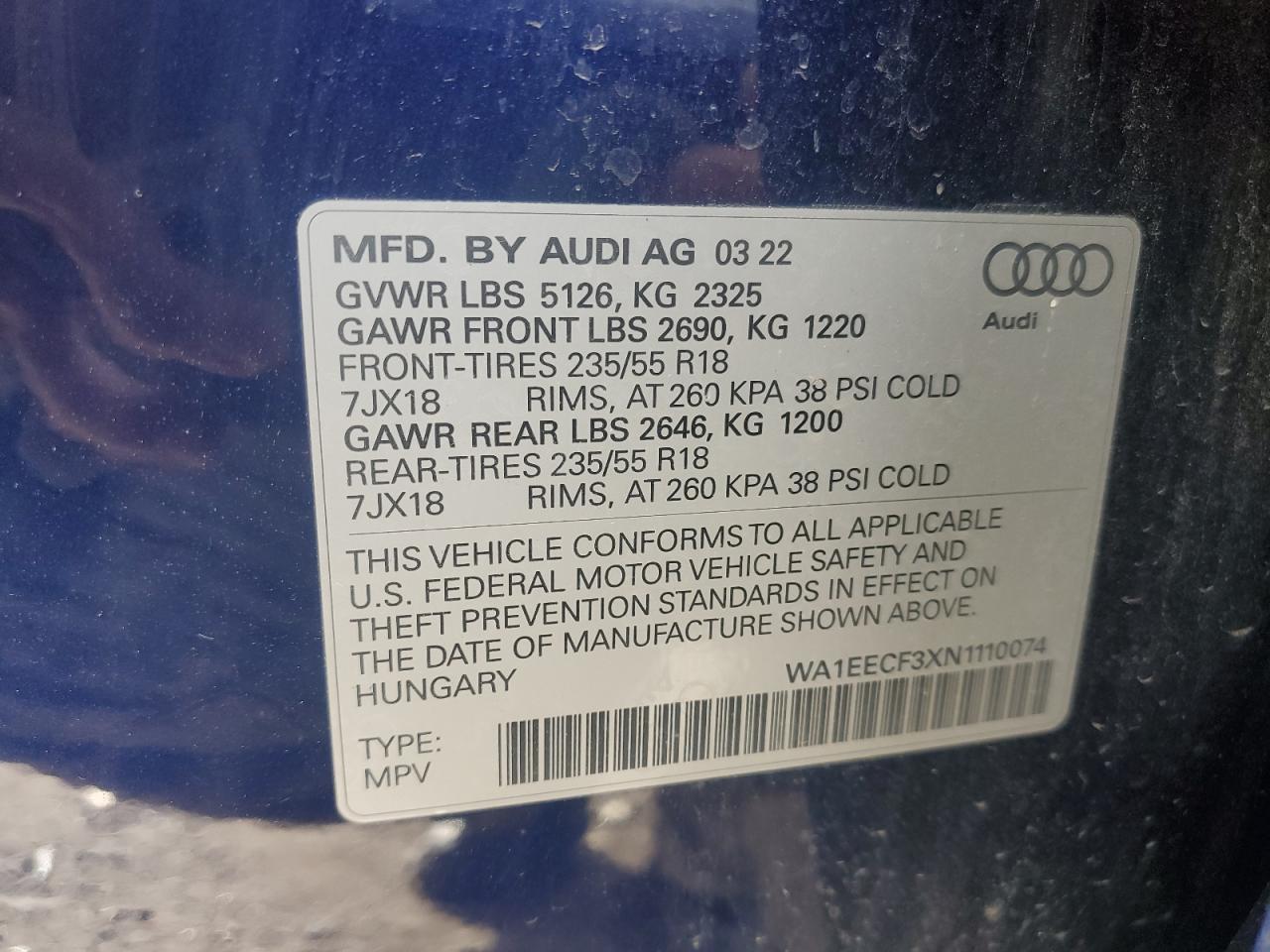 2022 AUDI Q3 PREMIUM PLUS S LINE 45 VIN:WA1EECF3XN1110074