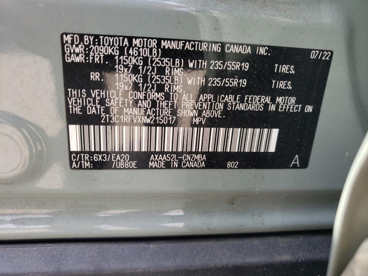 2022 TOYOTA RAV4 XLE PREMIUM VIN:2T3C1RFVXNW215017