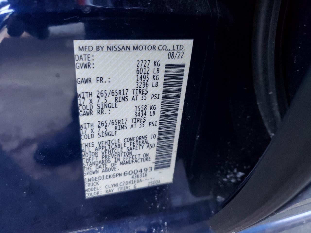 2023 NISSAN FRONTIER S VIN:1N6ED1EK6PN600493