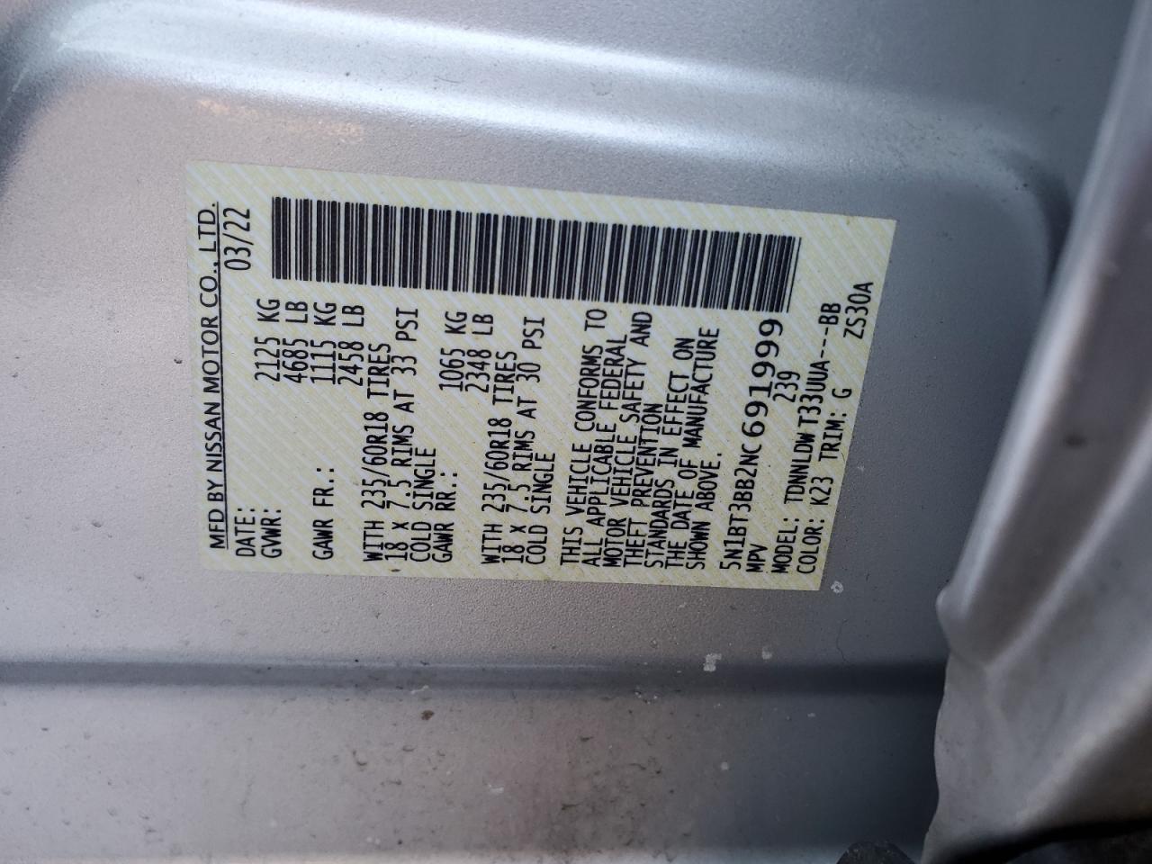 2022 NISSAN ROGUE SV VIN:JTMBK33V886030870