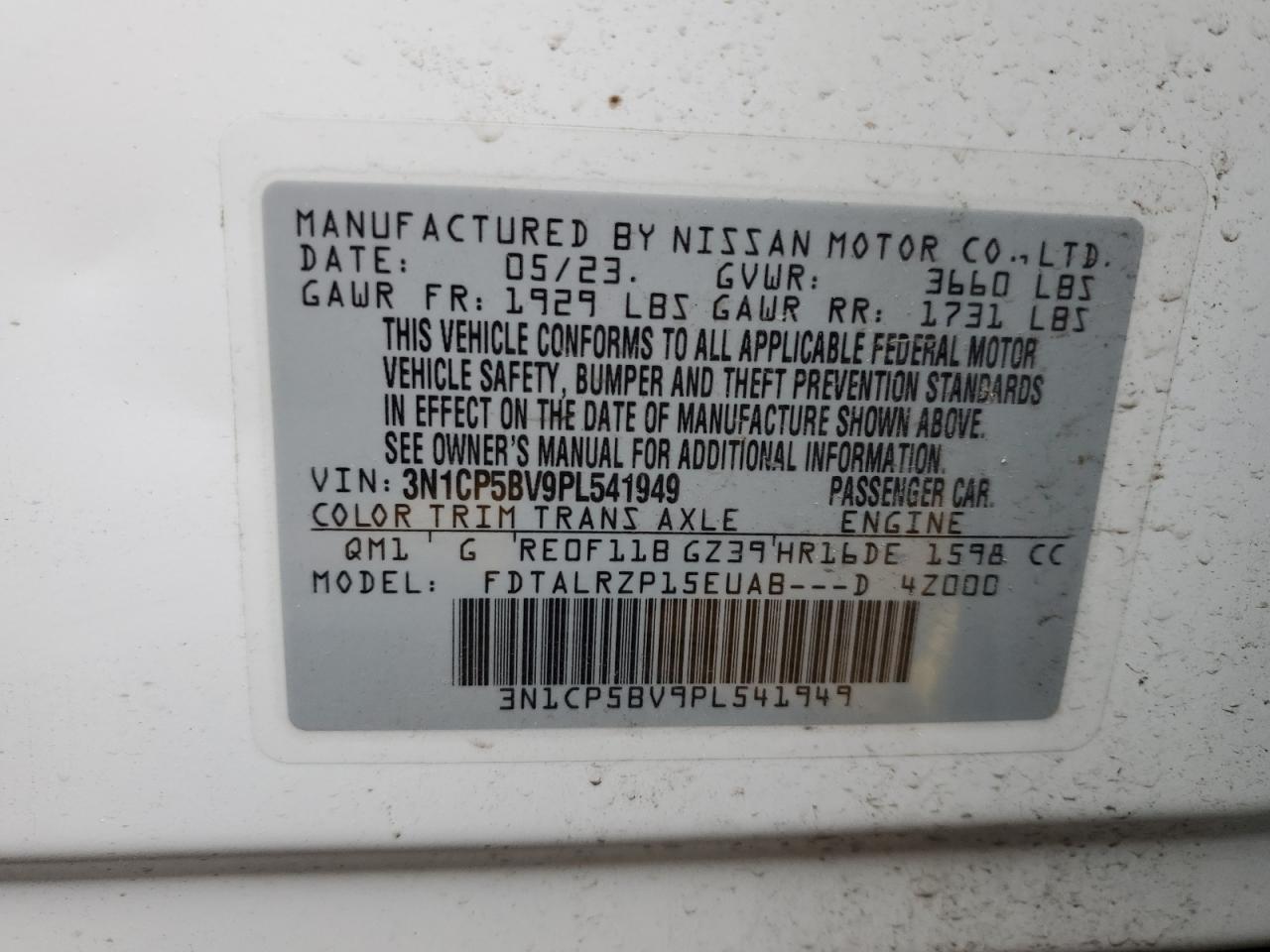 2023 NISSAN KICKS S VIN:3N1CP5BV9PL541949