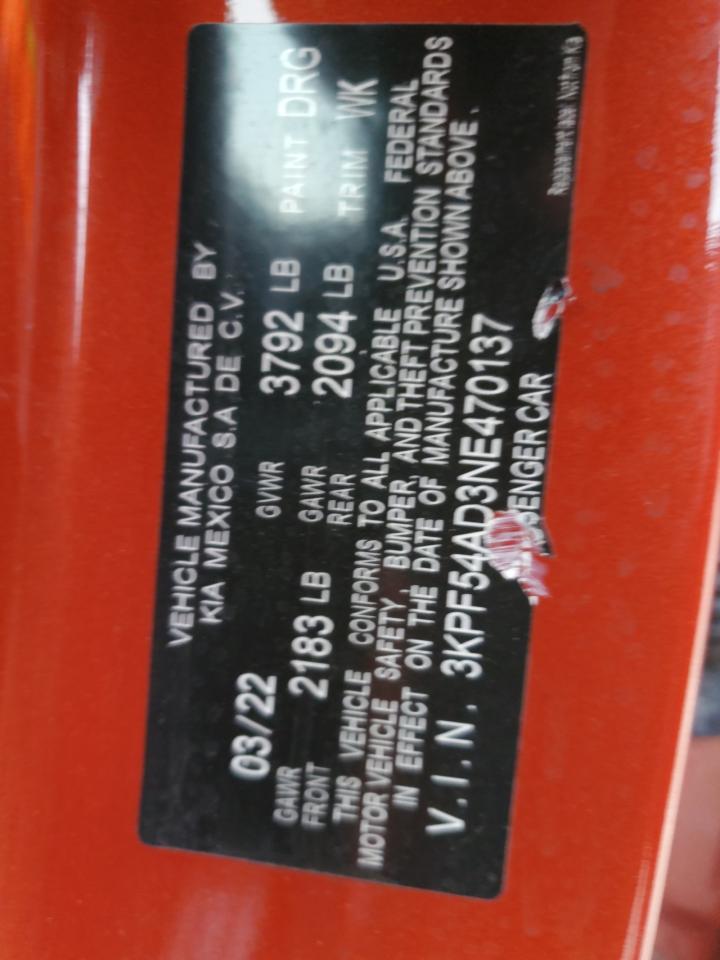 2022 KIA FORTE GT LINE VIN:3KPF54AD3NE470137