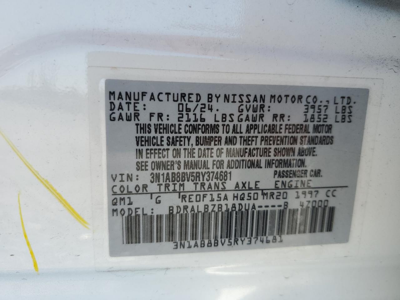 2024 NISSAN SENTRA S VIN:3N1AB8BV5RY374681