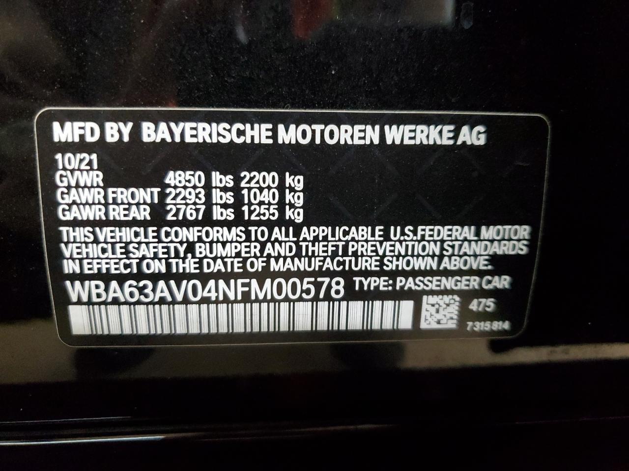 2022 BMW 430I GRAN COUPE VIN:WBA63AV04NFM00578