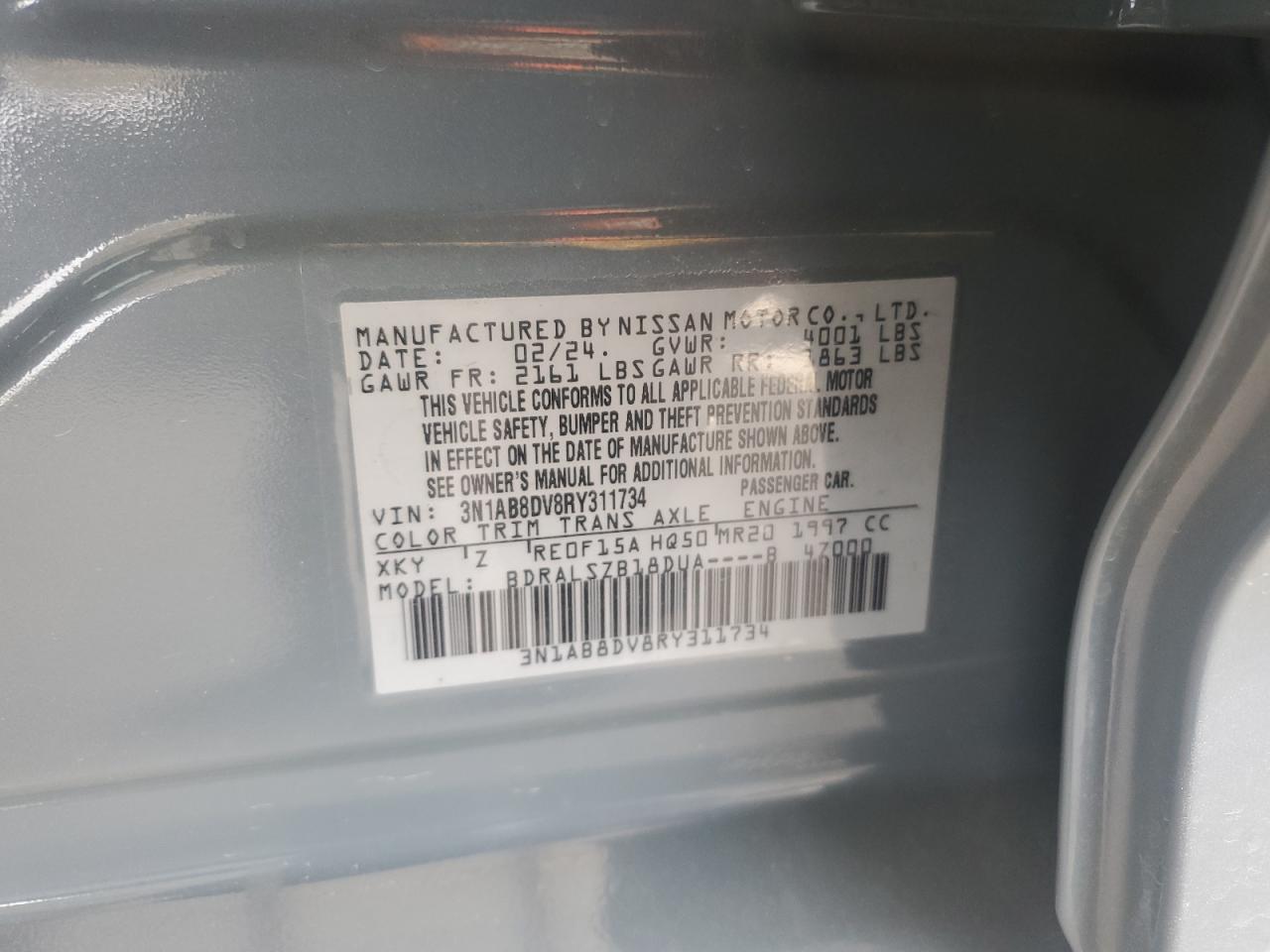 2024 NISSAN SENTRA SR VIN:3N1AB8DV8RY311734