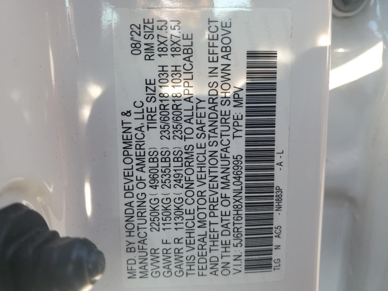 2022 HONDA CR-V EXL VIN:5J6RT6H8XNL046995