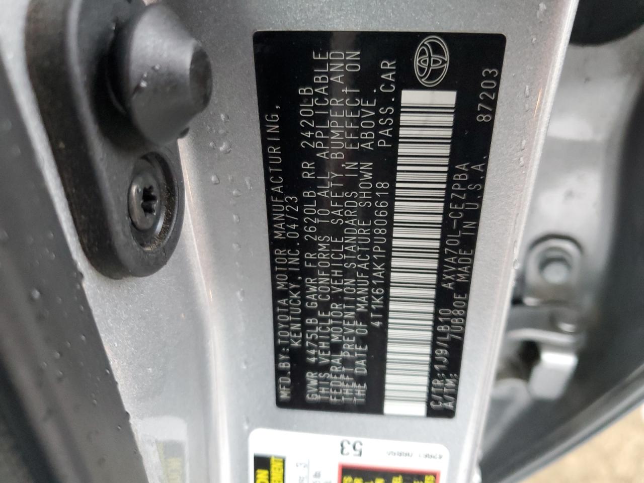 2023 TOYOTA CAMRY XSE VIN:4T1K61AK1PU806618