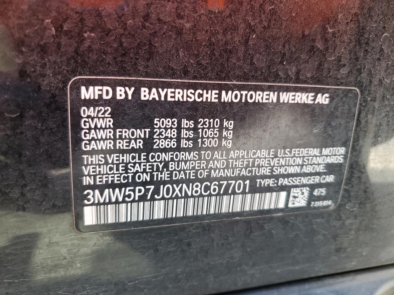 2022 BMW 330E VIN:3MW5P7J0XN8C67701