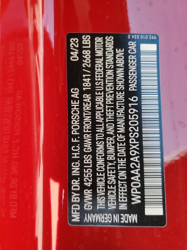 2023 PORSCHE 911 CARRERA VIN:WP0AA2A9XPS205916