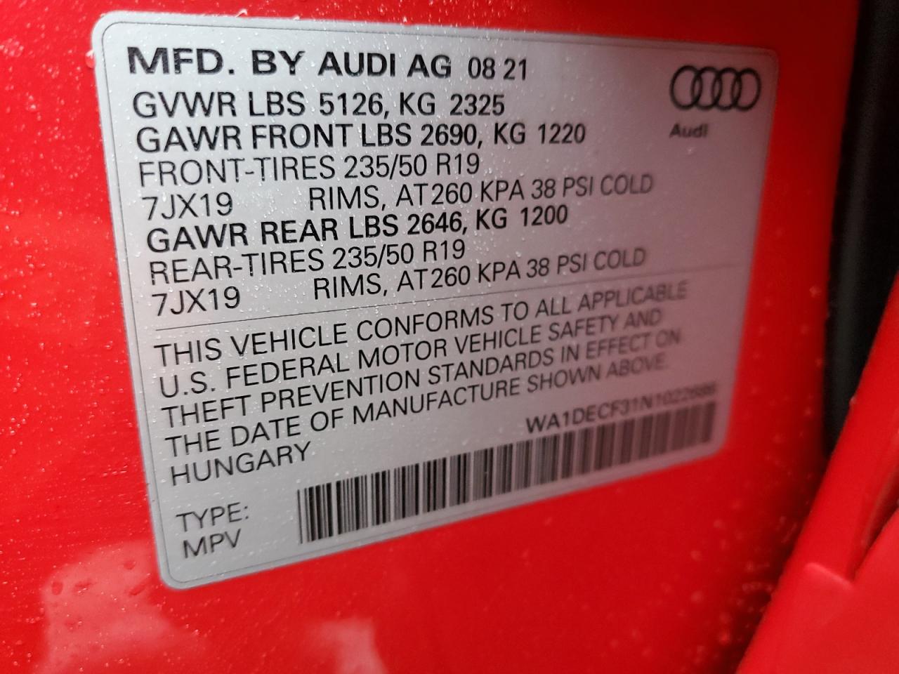 2022 AUDI Q3 PREMIUM S LINE 45 VIN:WA1DECF31N1022686