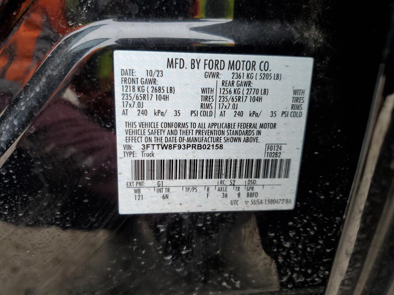 2023 FORD MAVERICK XL VIN:3FTTW8F93PRB02158