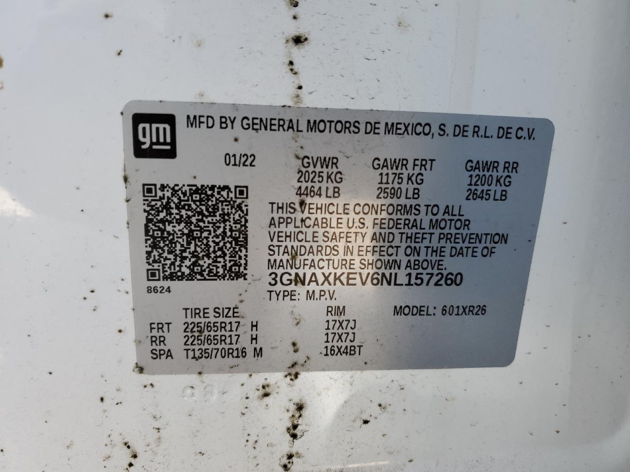 2022 CHEVROLET EQUINOX LT VIN:3GNAXKEV6NL157260